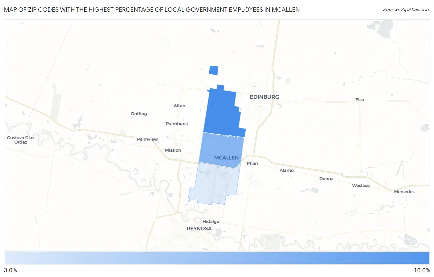 Zip Codes with the Highest Percentage of Local Government Employees in Mcallen Map