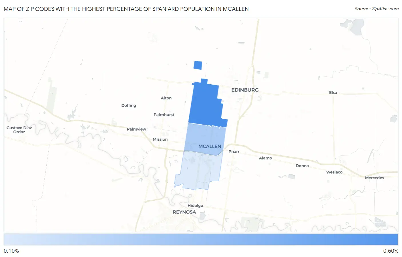 Zip Codes with the Highest Percentage of Spaniard Population in Mcallen Map
