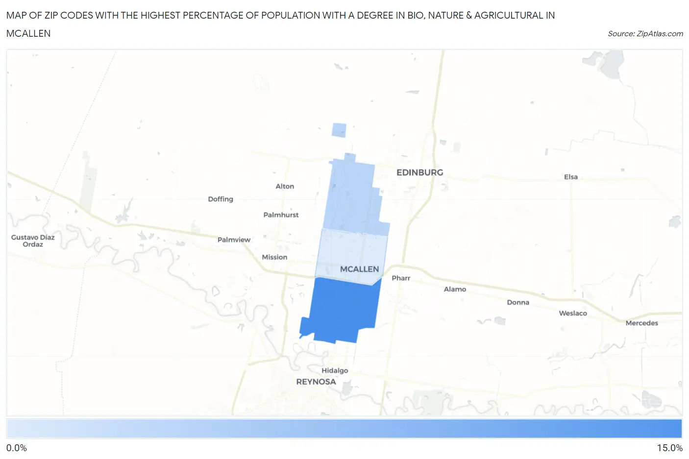 Zip Codes with the Highest Percentage of Population with a Degree in Bio, Nature & Agricultural in Mcallen Map