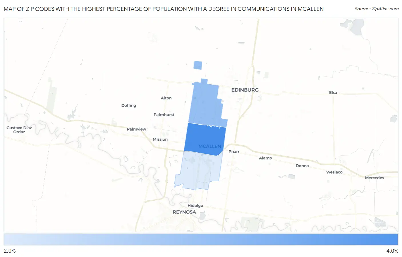 Zip Codes with the Highest Percentage of Population with a Degree in Communications in Mcallen Map