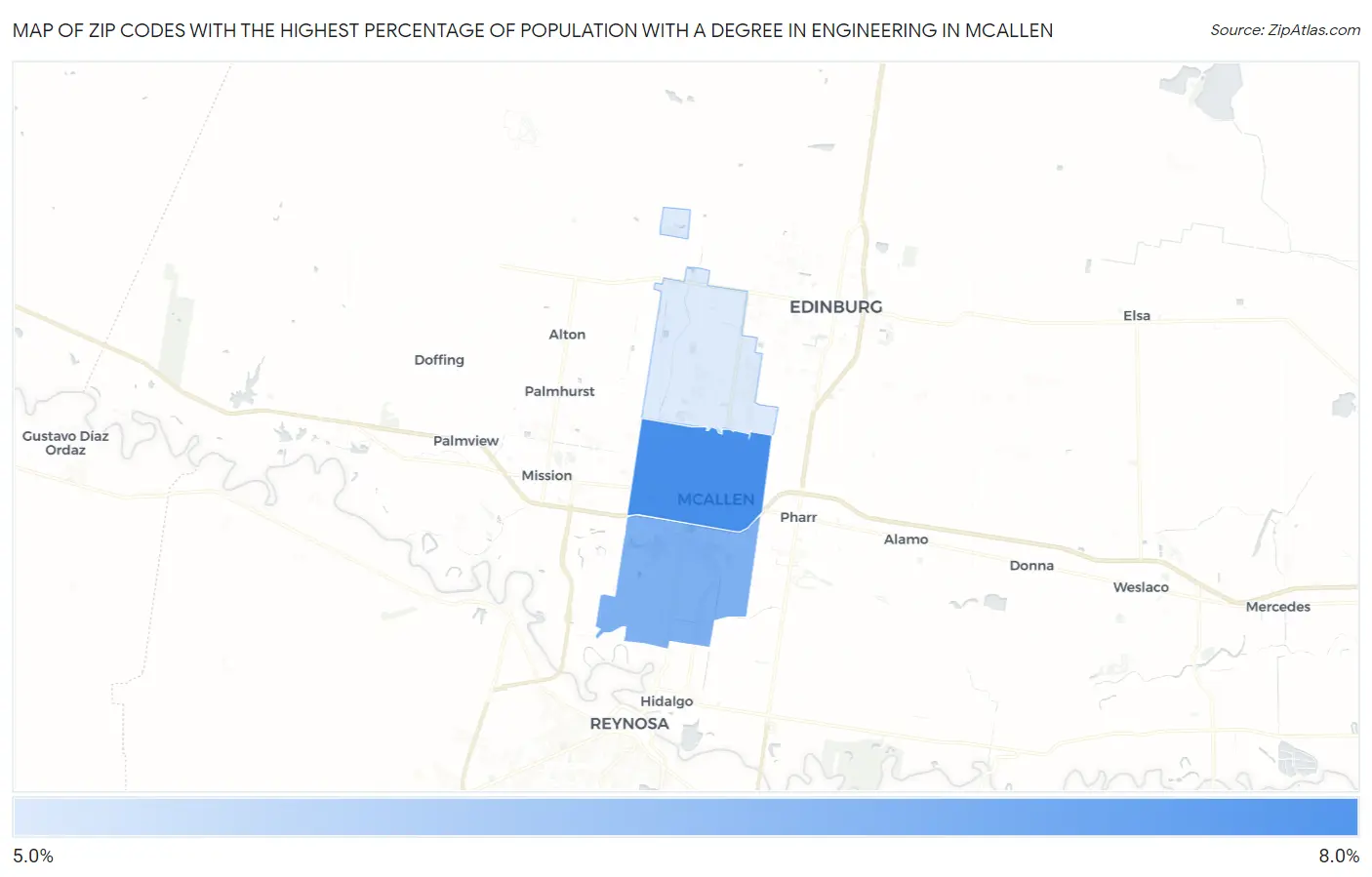 Zip Codes with the Highest Percentage of Population with a Degree in Engineering in Mcallen Map