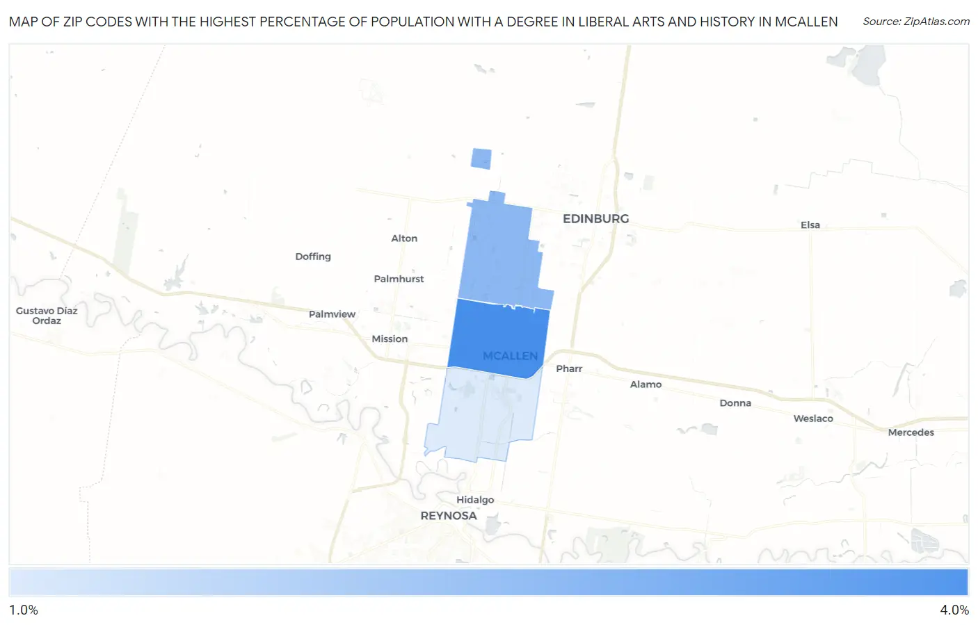 Zip Codes with the Highest Percentage of Population with a Degree in Liberal Arts and History in Mcallen Map