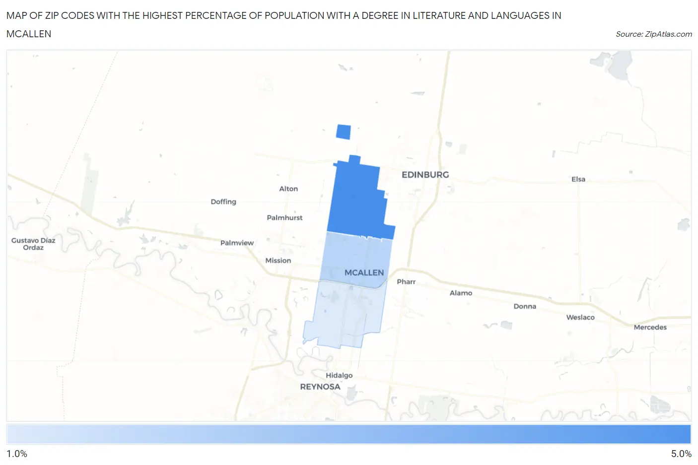 Zip Codes with the Highest Percentage of Population with a Degree in Literature and Languages in Mcallen Map
