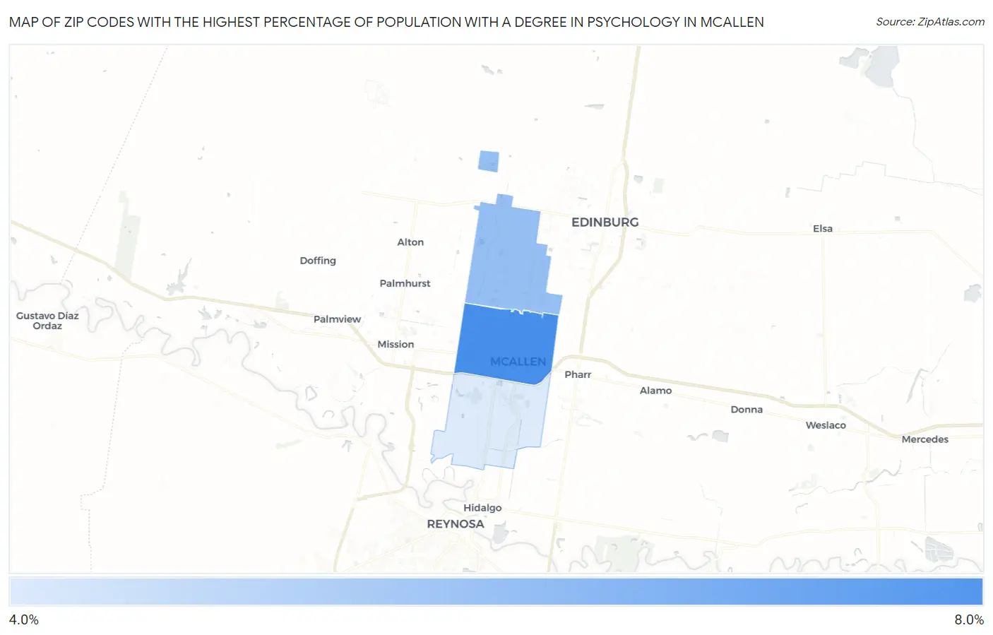 Zip Codes with the Highest Percentage of Population with a Degree in Psychology in Mcallen Map