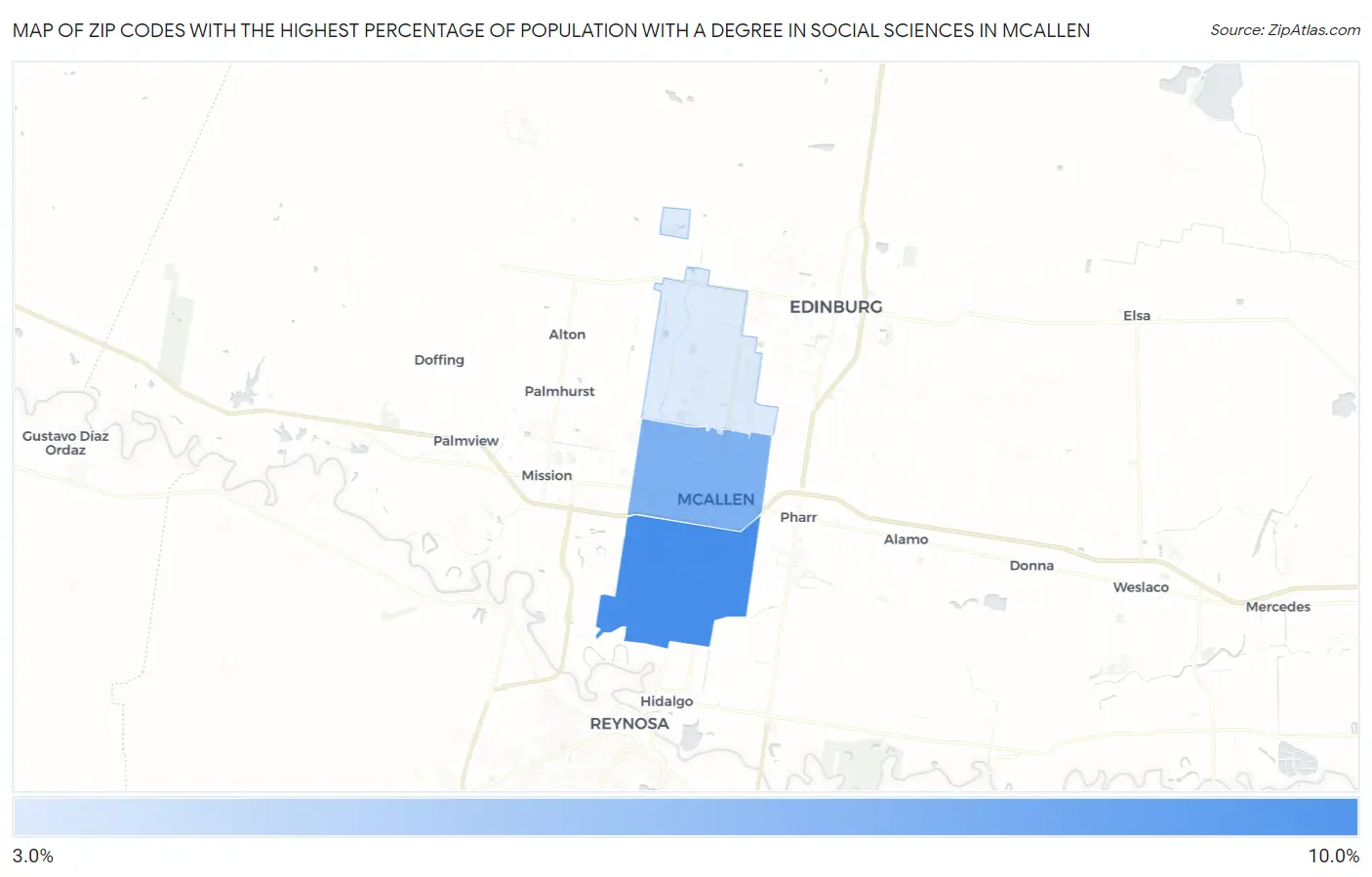 Zip Codes with the Highest Percentage of Population with a Degree in Social Sciences in Mcallen Map