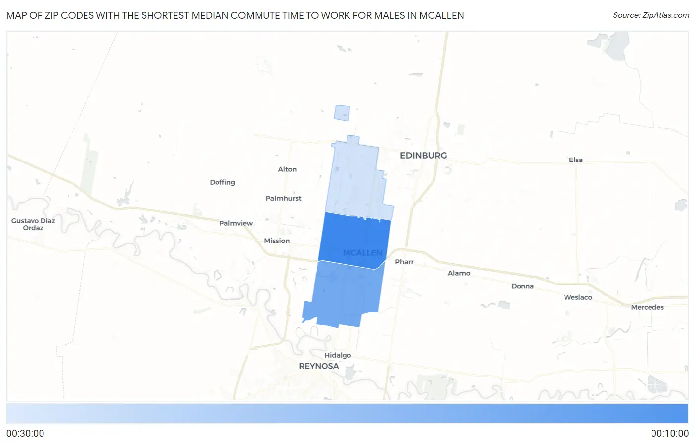 Zip Codes with the Shortest Median Commute Time to Work for Males in Mcallen Map