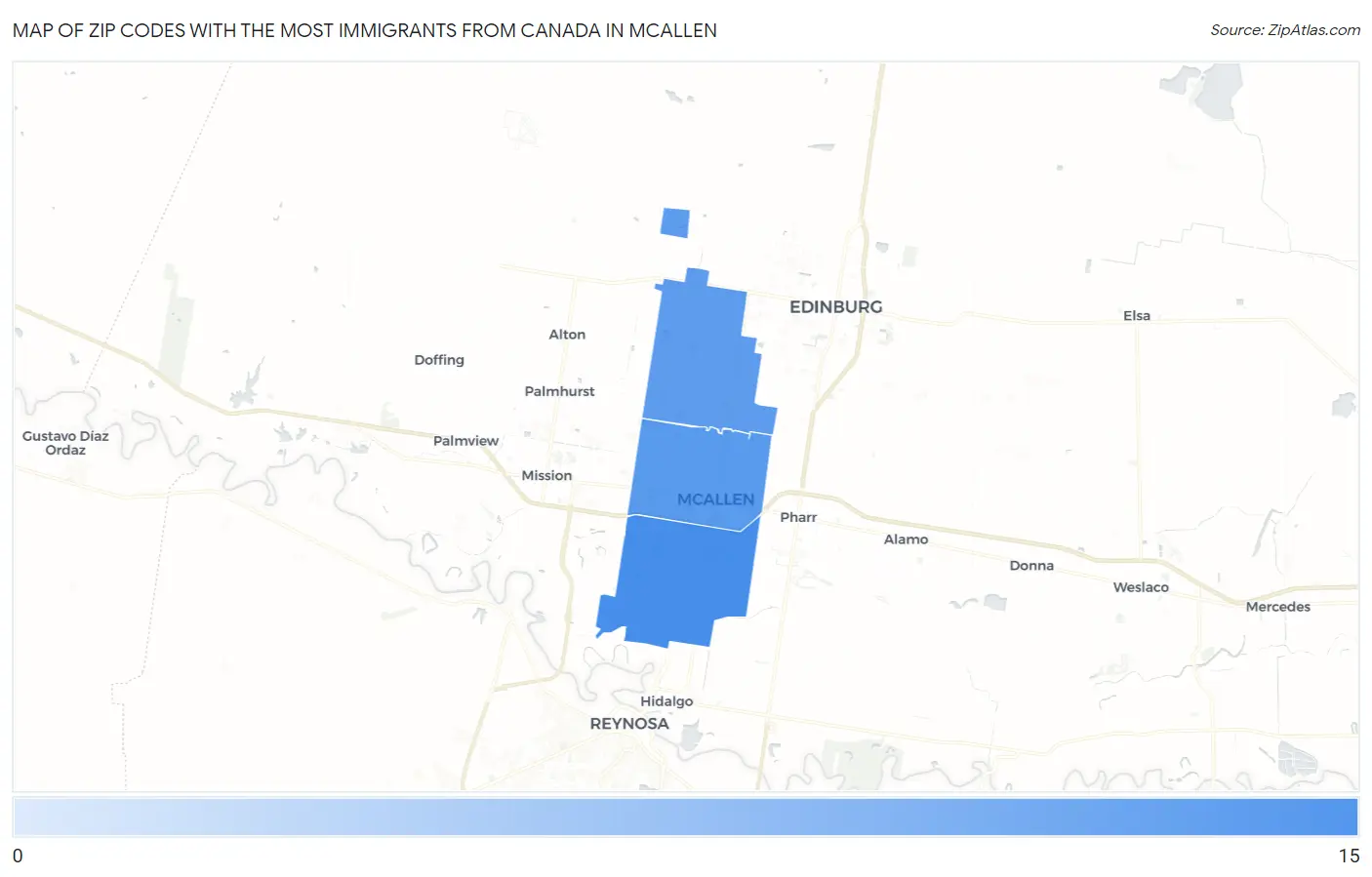 Zip Codes with the Most Immigrants from Canada in Mcallen Map