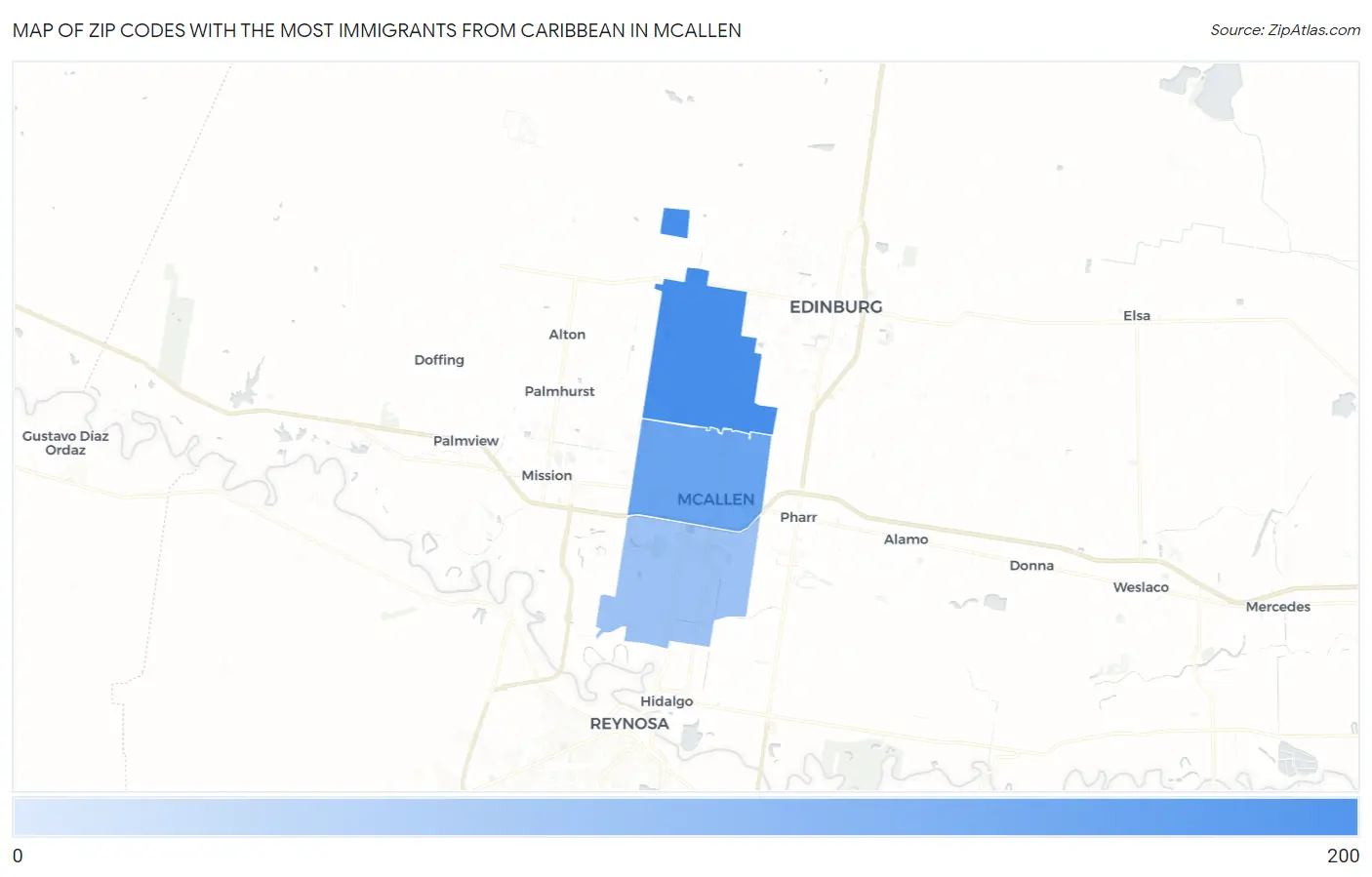 Zip Codes with the Most Immigrants from Caribbean in Mcallen Map