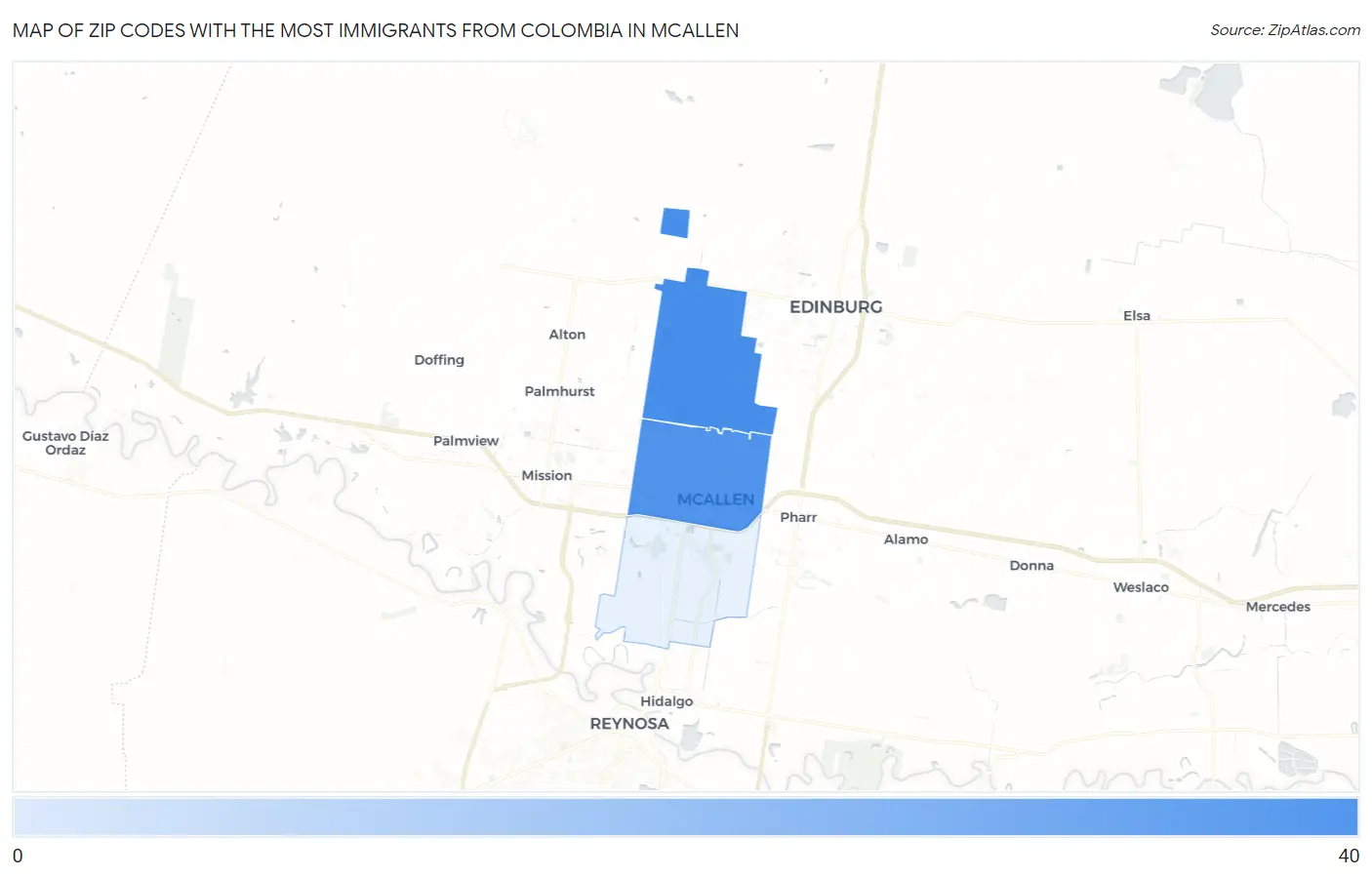 Zip Codes with the Most Immigrants from Colombia in Mcallen Map
