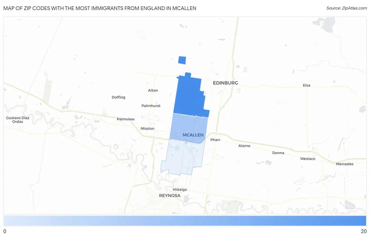 Zip Codes with the Most Immigrants from England in Mcallen Map