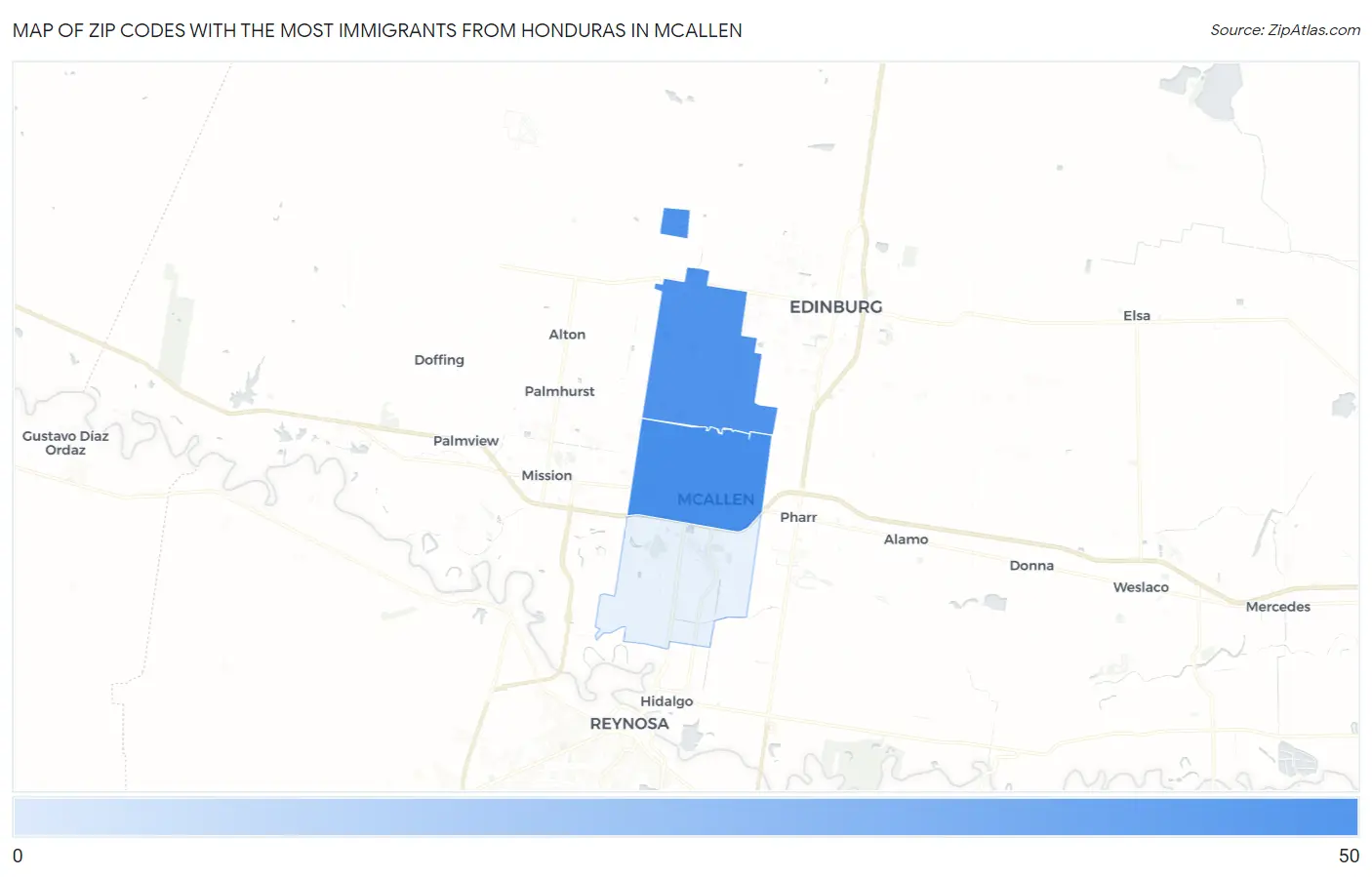 Zip Codes with the Most Immigrants from Honduras in Mcallen Map