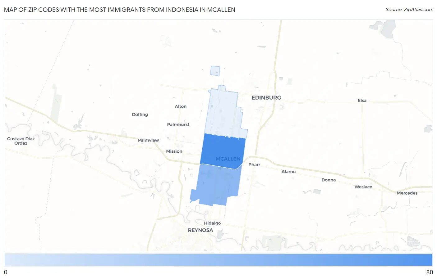 Zip Codes with the Most Immigrants from Indonesia in Mcallen Map