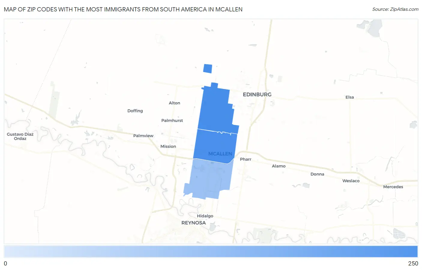 Zip Codes with the Most Immigrants from South America in Mcallen Map