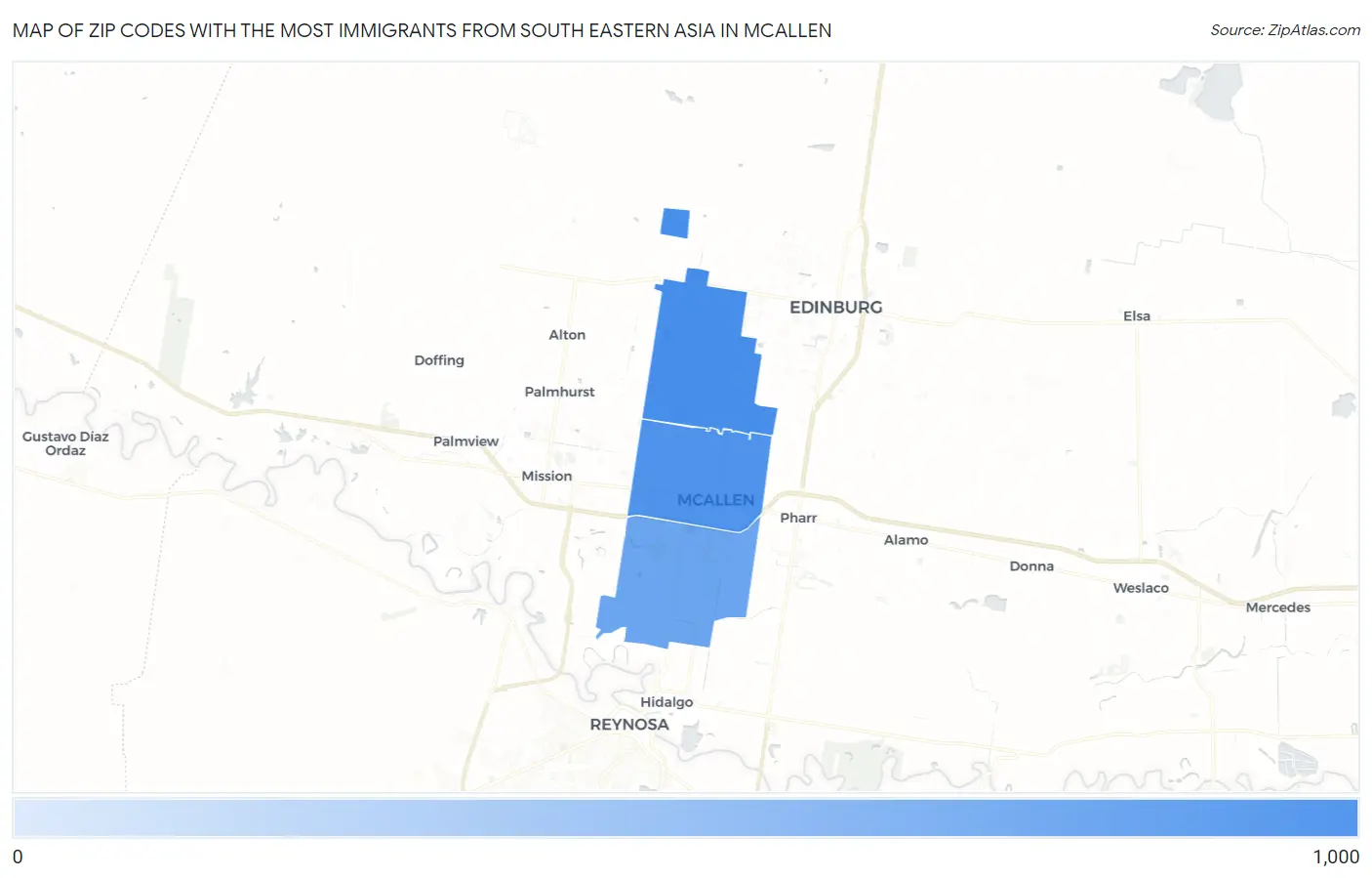Zip Codes with the Most Immigrants from South Eastern Asia in Mcallen Map