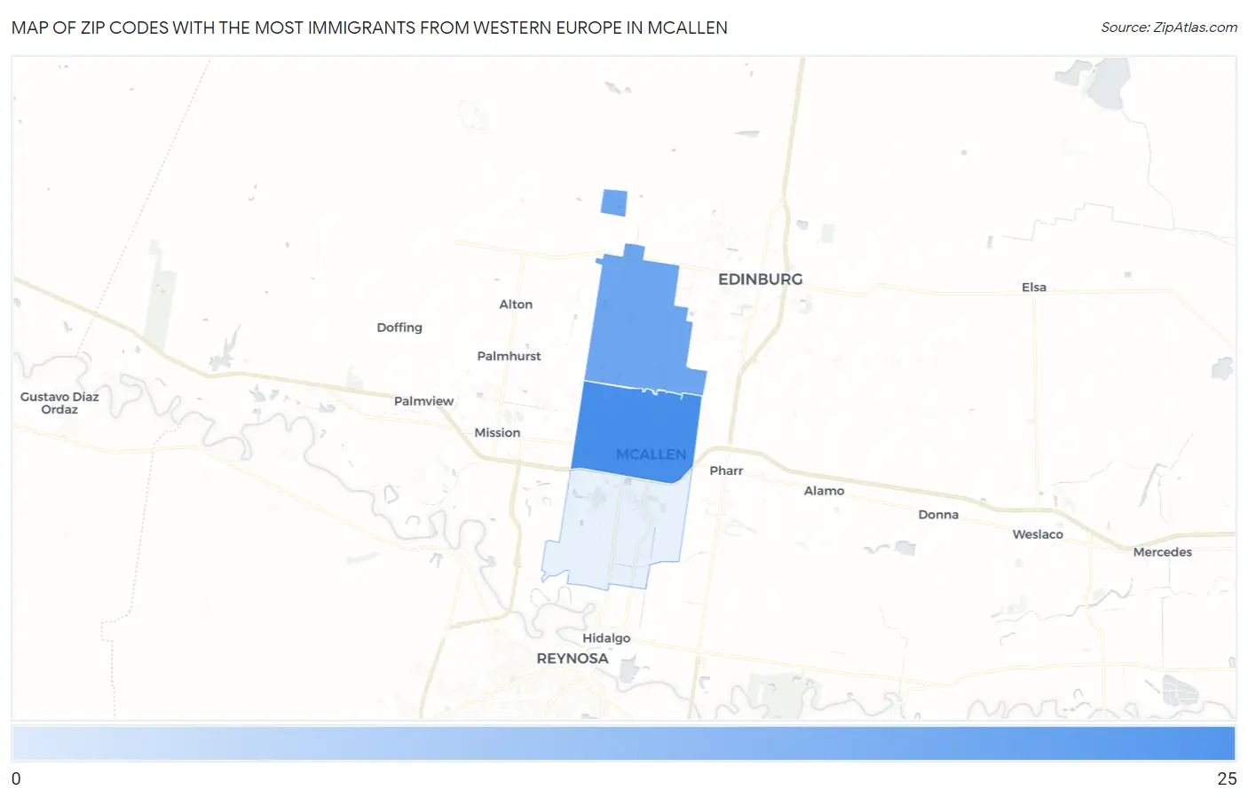 Zip Codes with the Most Immigrants from Western Europe in Mcallen Map