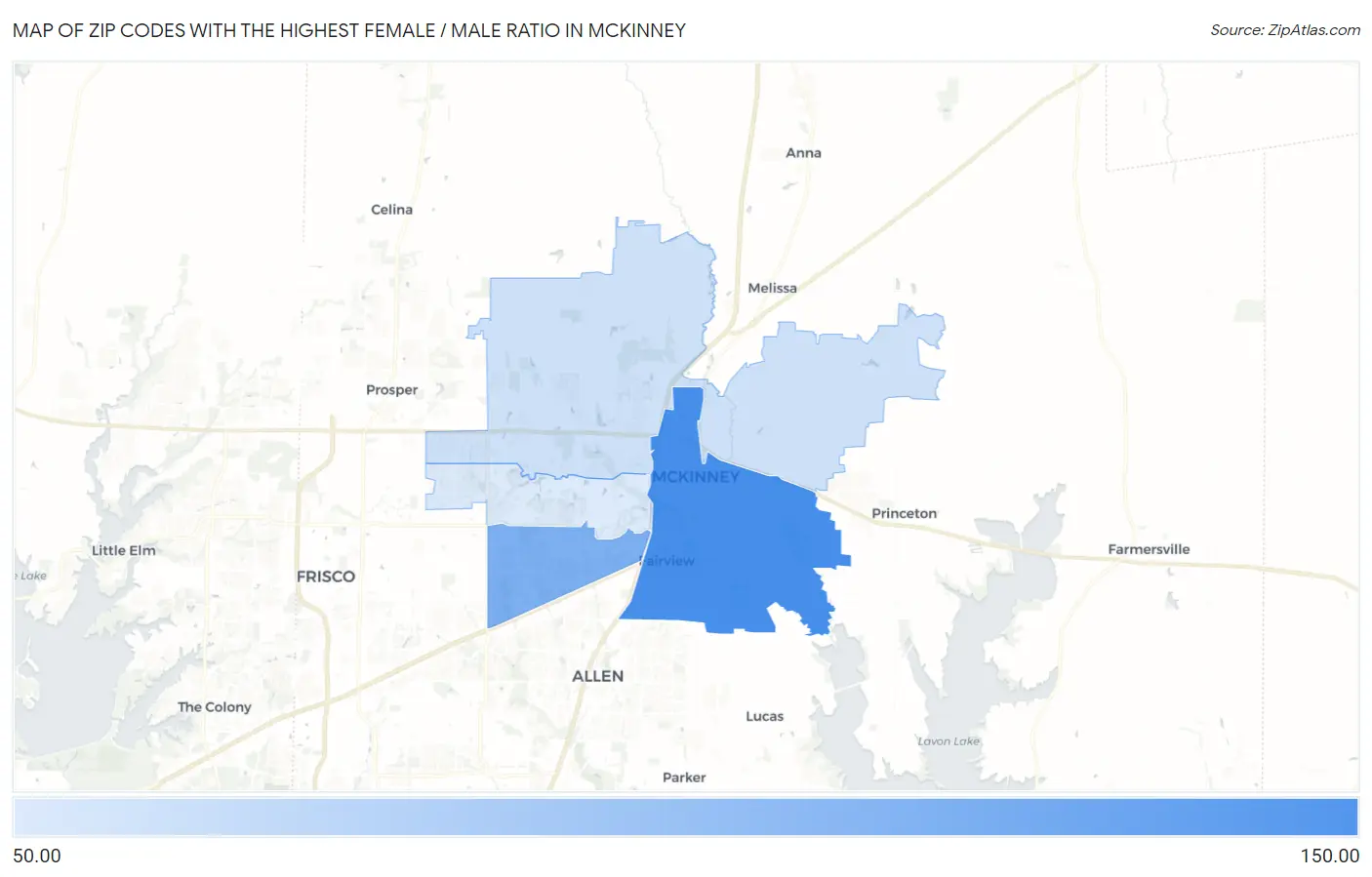 Zip Codes with the Highest Female / Male Ratio in Mckinney Map