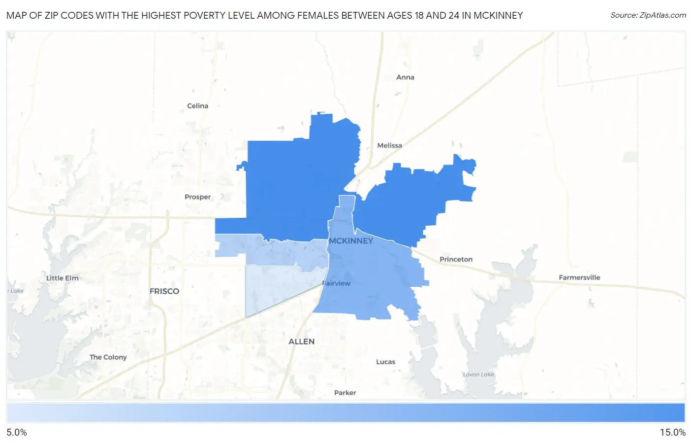 Zip Codes with the Highest Poverty Level Among Females Between Ages 18 and 24 in Mckinney Map