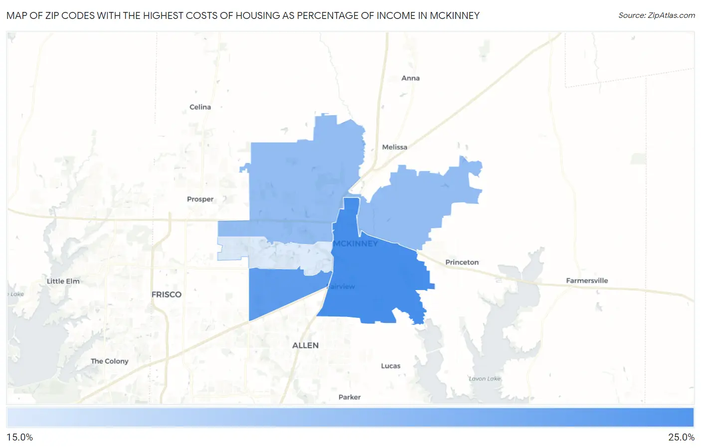 Zip Codes with the Highest Costs of Housing as Percentage of Income in Mckinney Map
