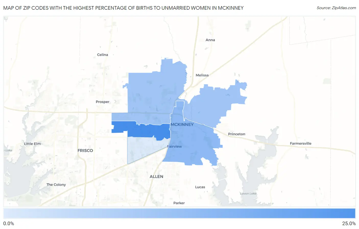Zip Codes with the Highest Percentage of Births to Unmarried Women in Mckinney Map
