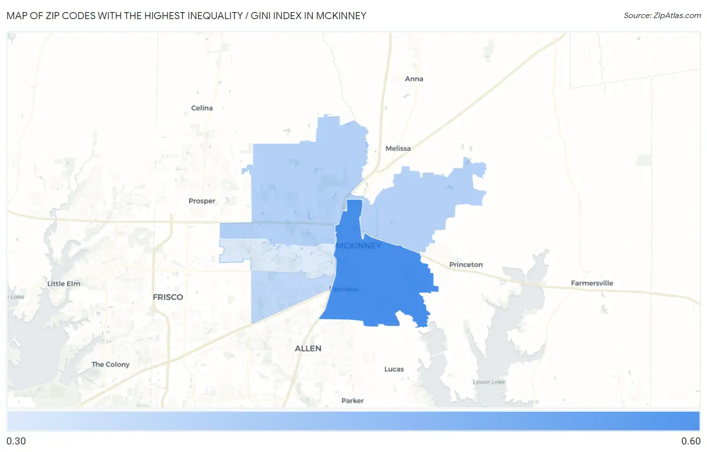 Zip Codes with the Highest Inequality / Gini Index in Mckinney Map