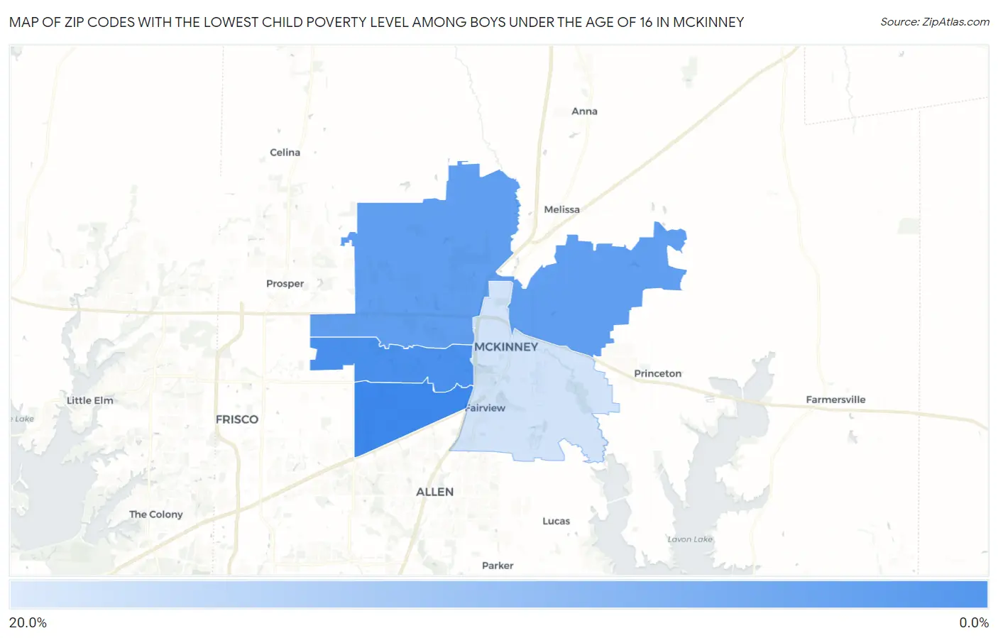 Zip Codes with the Lowest Child Poverty Level Among Boys Under the Age of 16 in Mckinney Map