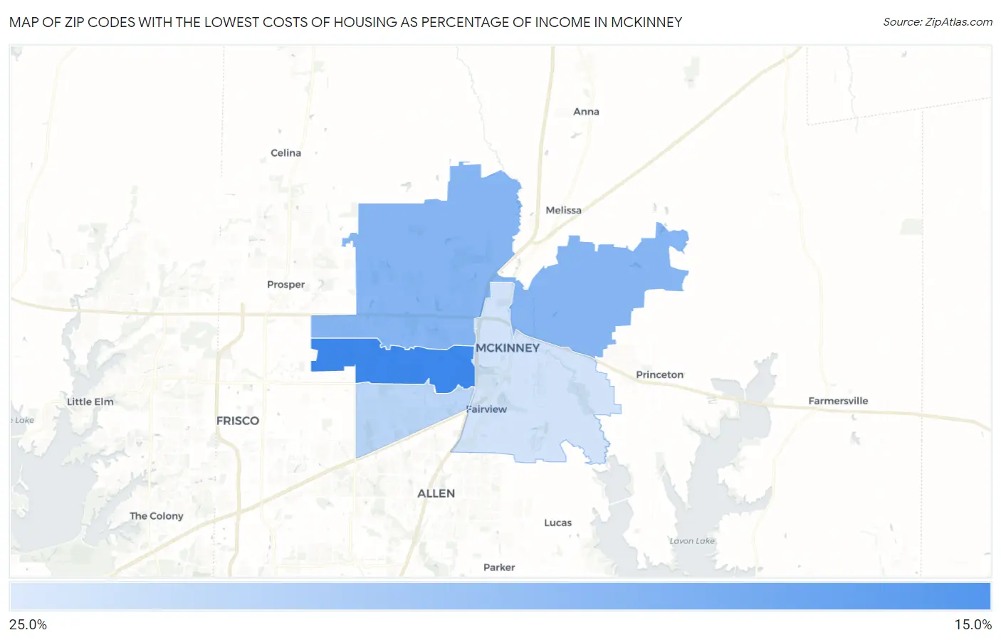 Zip Codes with the Lowest Costs of Housing as Percentage of Income in Mckinney Map