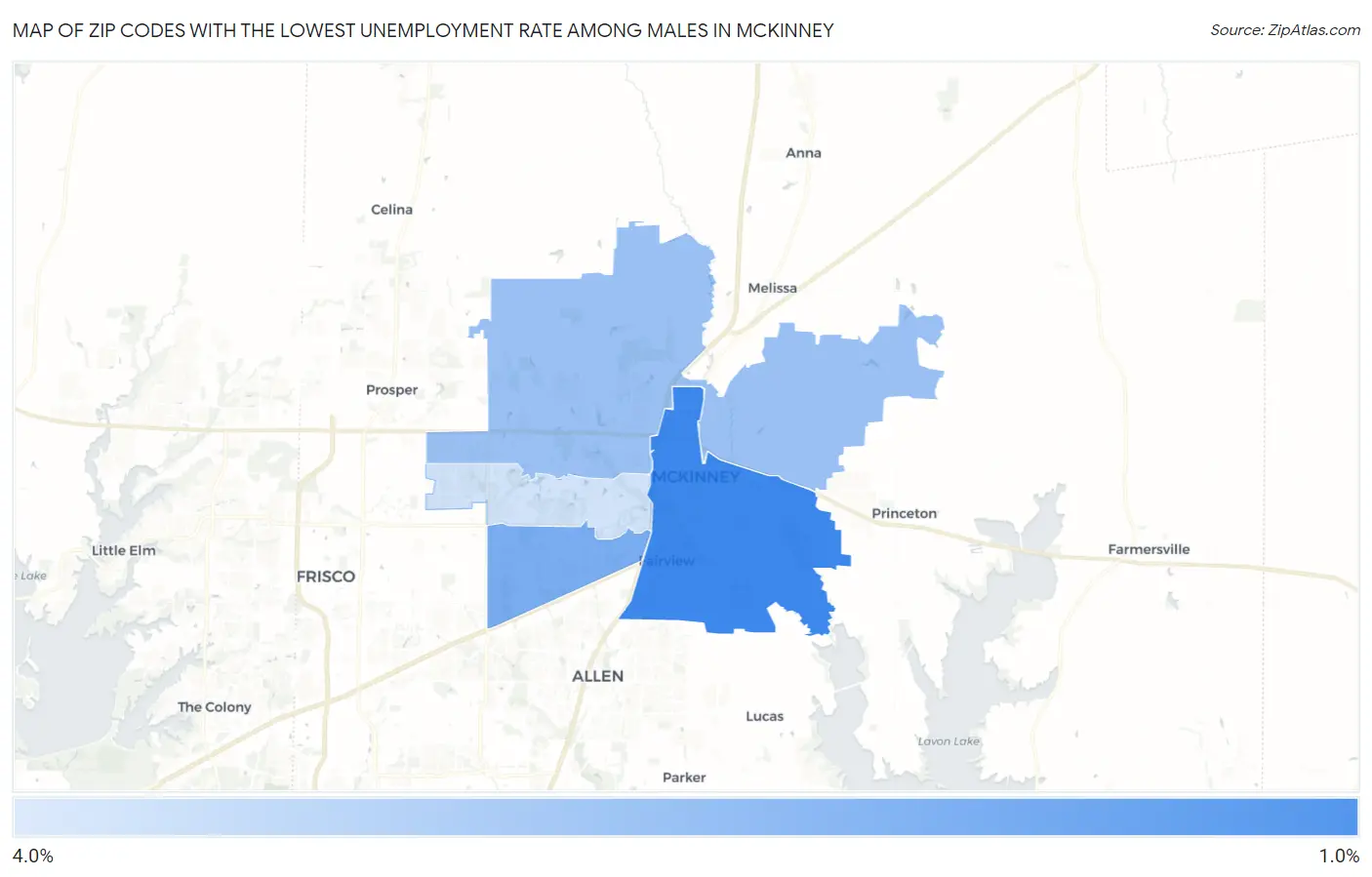 Zip Codes with the Lowest Unemployment Rate Among Males in Mckinney Map