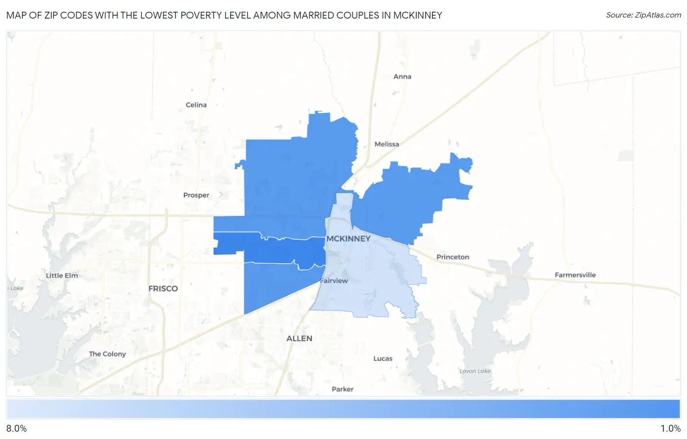 Zip Codes with the Lowest Poverty Level Among Married Couples in Mckinney Map