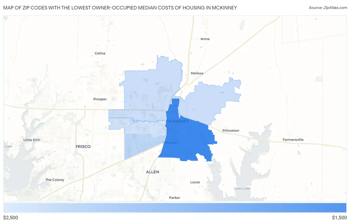 Zip Codes with the Lowest Owner-Occupied Median Costs of Housing in Mckinney Map
