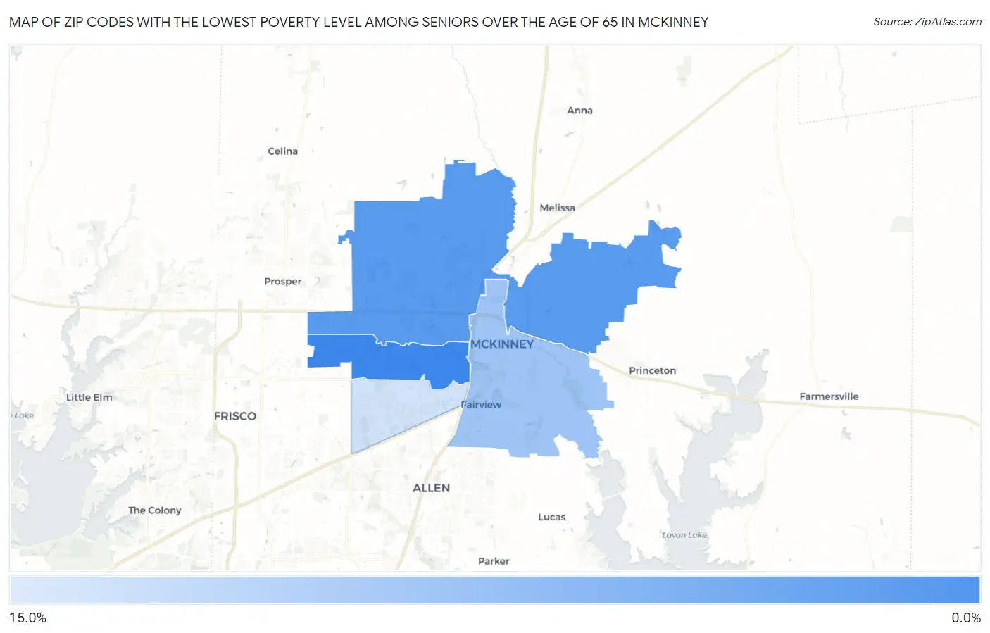 Zip Codes with the Lowest Poverty Level Among Seniors Over the Age of 65 in Mckinney Map