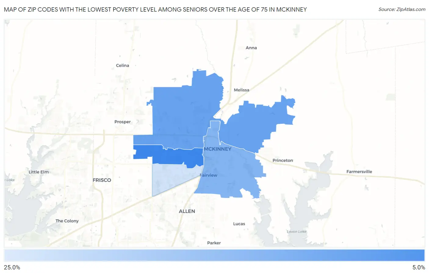 Zip Codes with the Lowest Poverty Level Among Seniors Over the Age of 75 in Mckinney Map