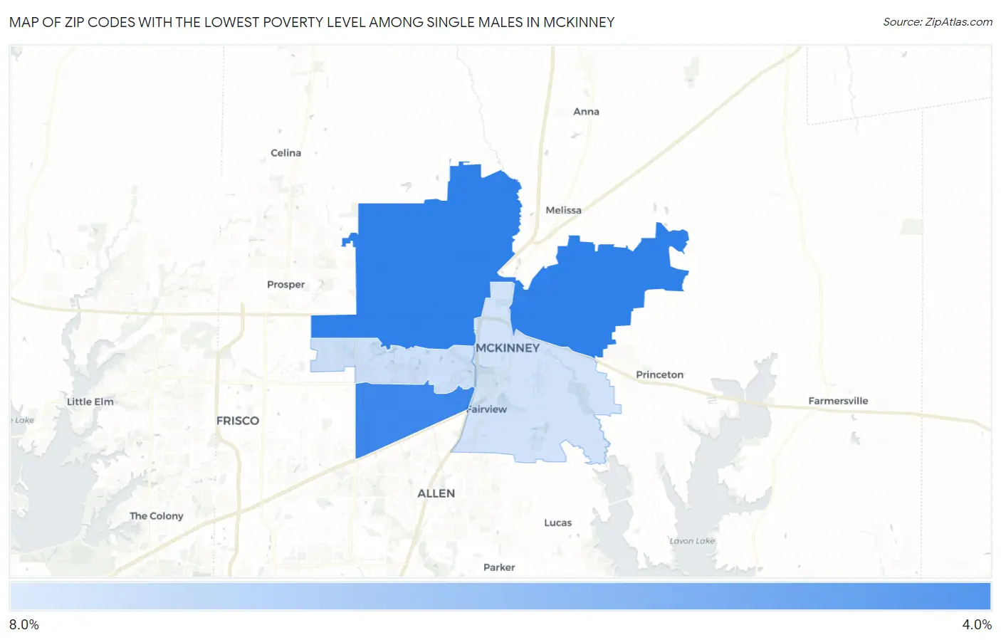 Zip Codes with the Lowest Poverty Level Among Single Males in Mckinney Map