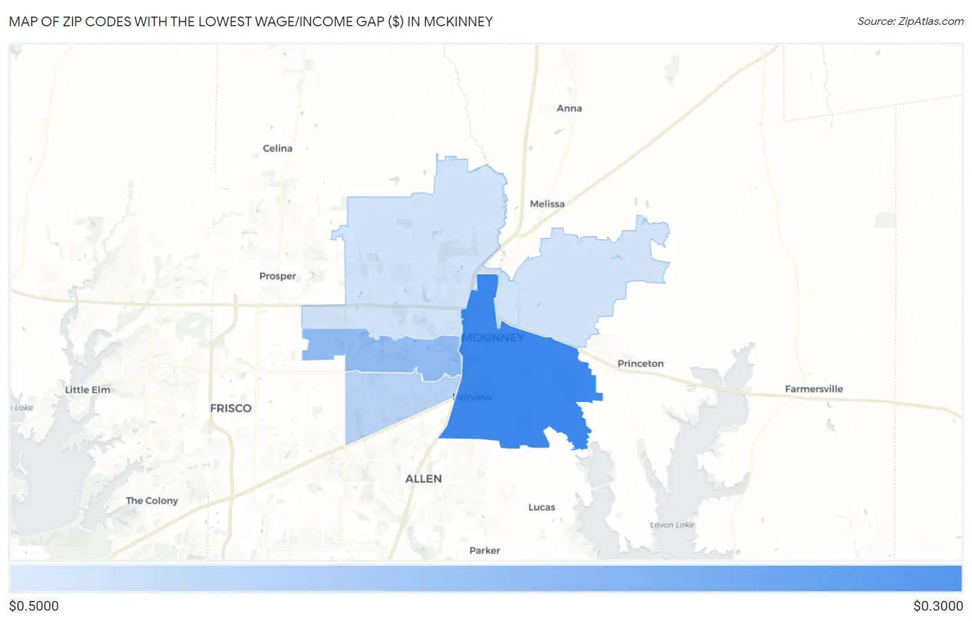Zip Codes with the Lowest Wage/Income Gap ($) in Mckinney Map