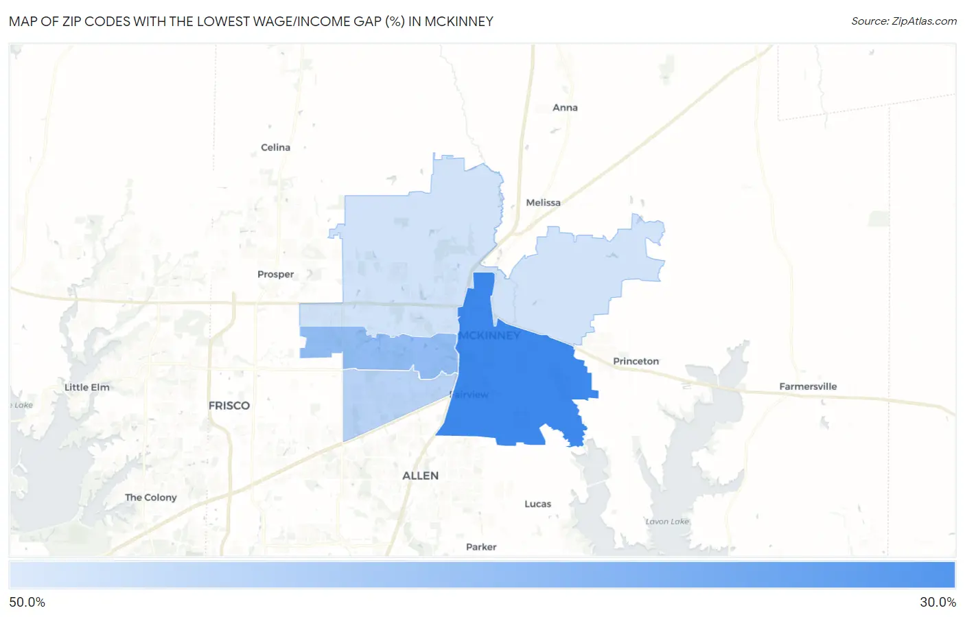 Zip Codes with the Lowest Wage/Income Gap (%) in Mckinney Map