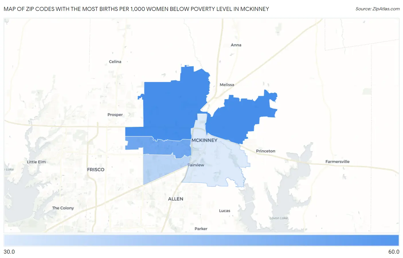 Zip Codes with the Most Births per 1,000 Women Below Poverty Level in Mckinney Map
