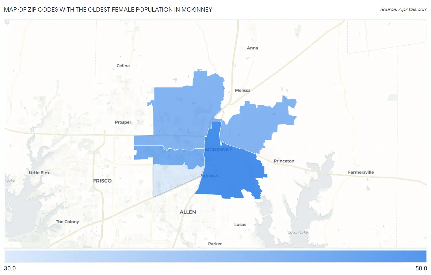 Zip Codes with the Oldest Female Population in Mckinney Map