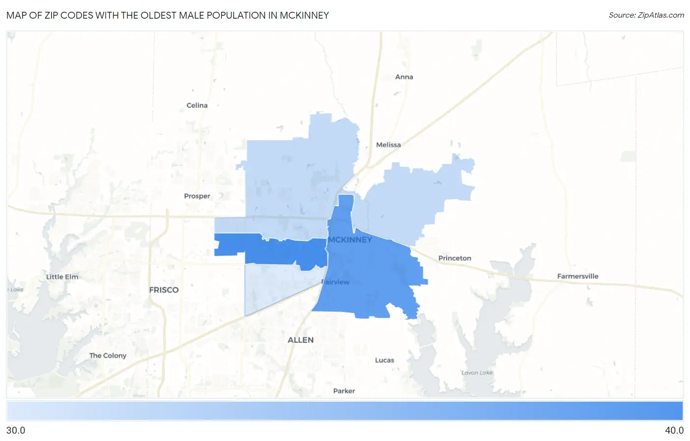 Zip Codes with the Oldest Male Population in Mckinney Map