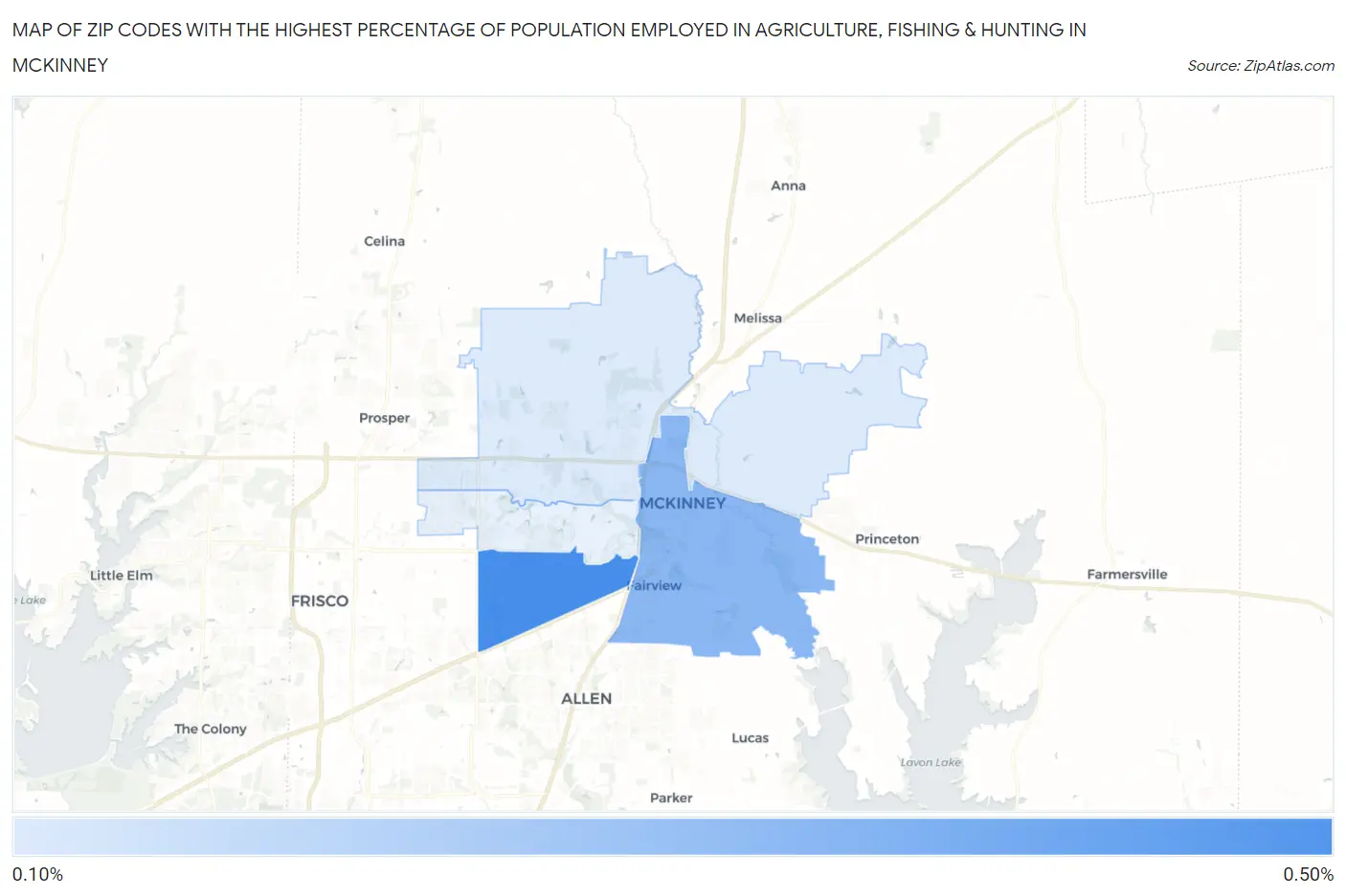 Zip Codes with the Highest Percentage of Population Employed in Agriculture, Fishing & Hunting in Mckinney Map