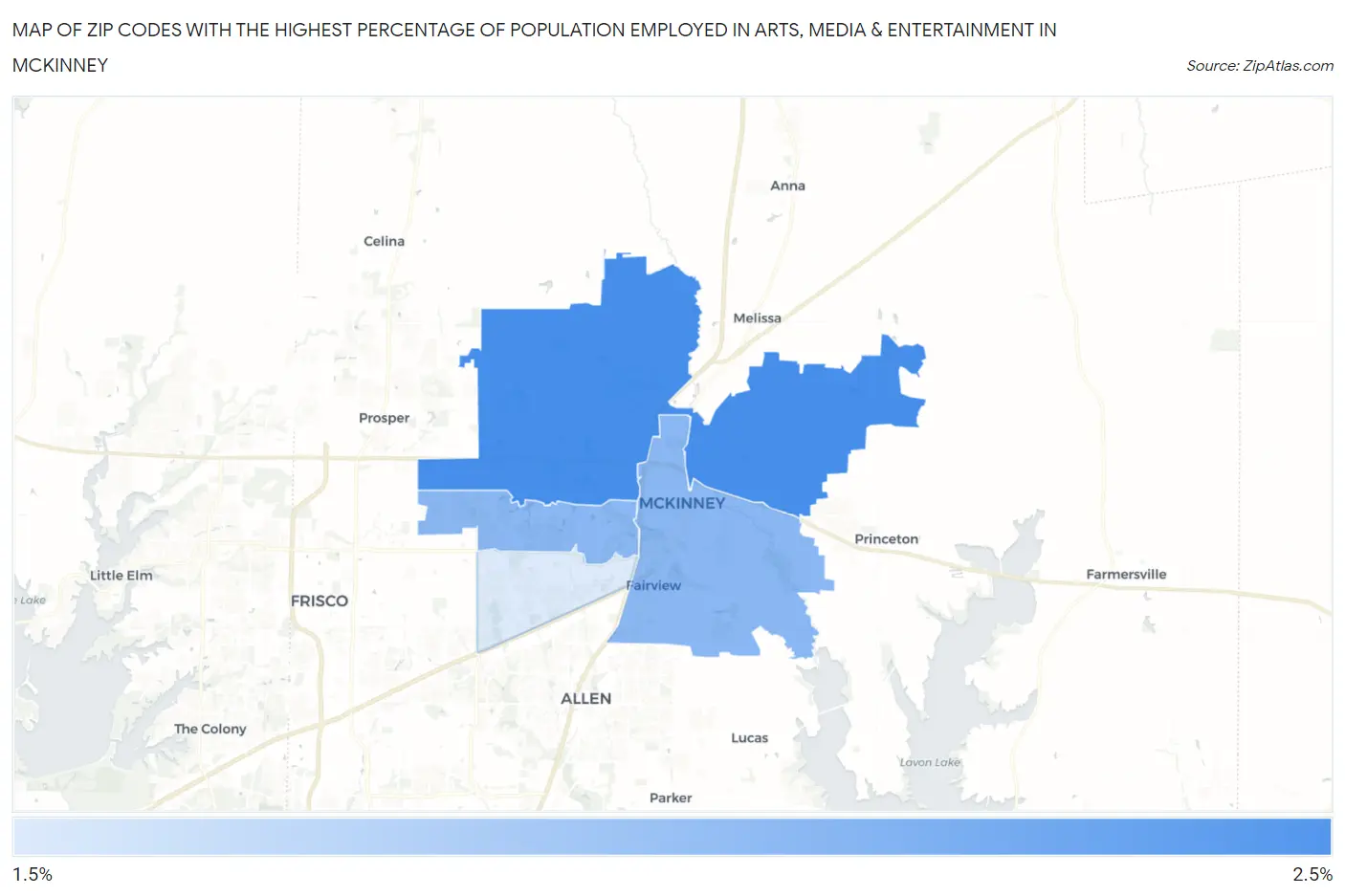 Zip Codes with the Highest Percentage of Population Employed in Arts, Media & Entertainment in Mckinney Map