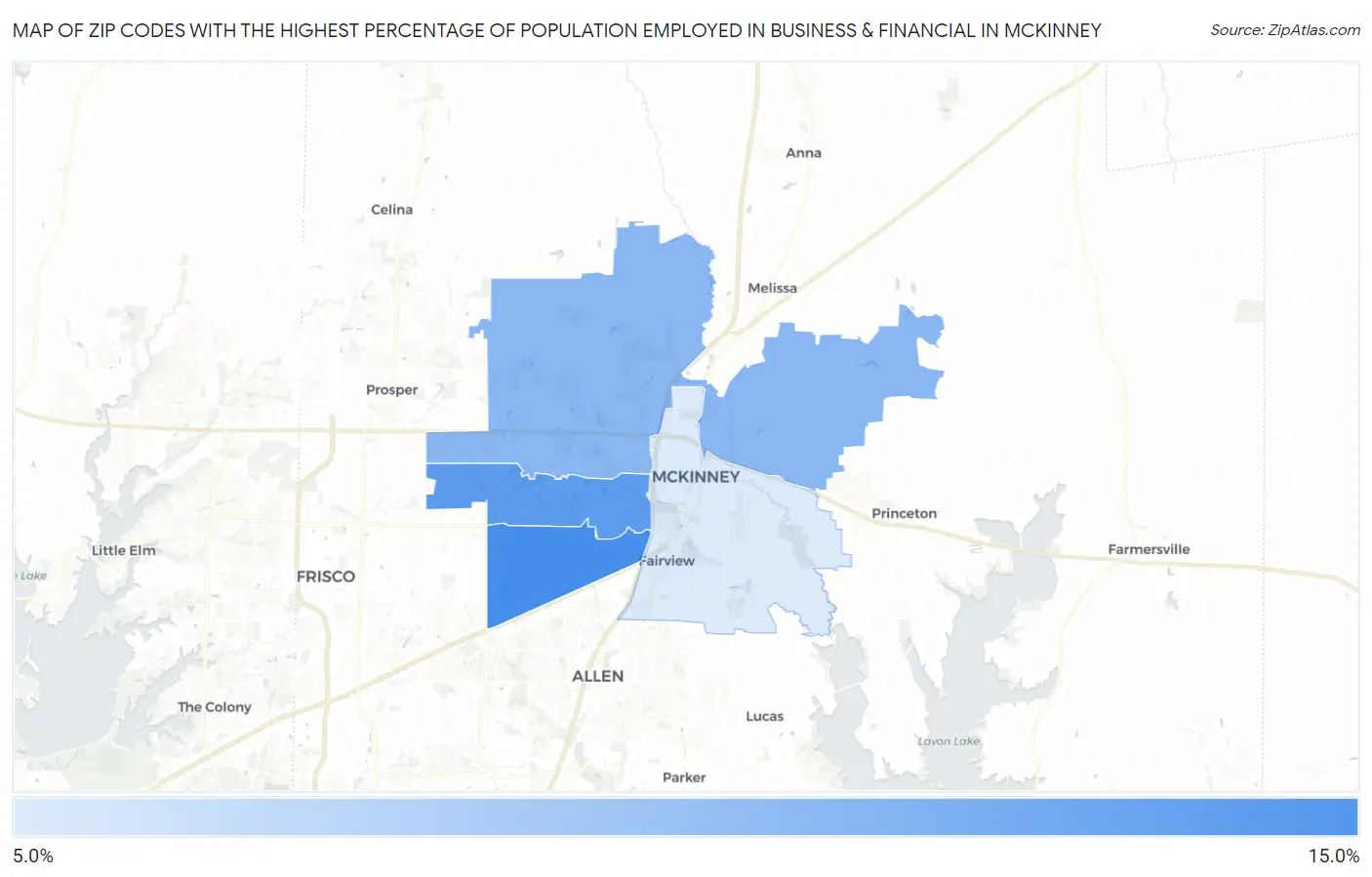 Zip Codes with the Highest Percentage of Population Employed in Business & Financial in Mckinney Map