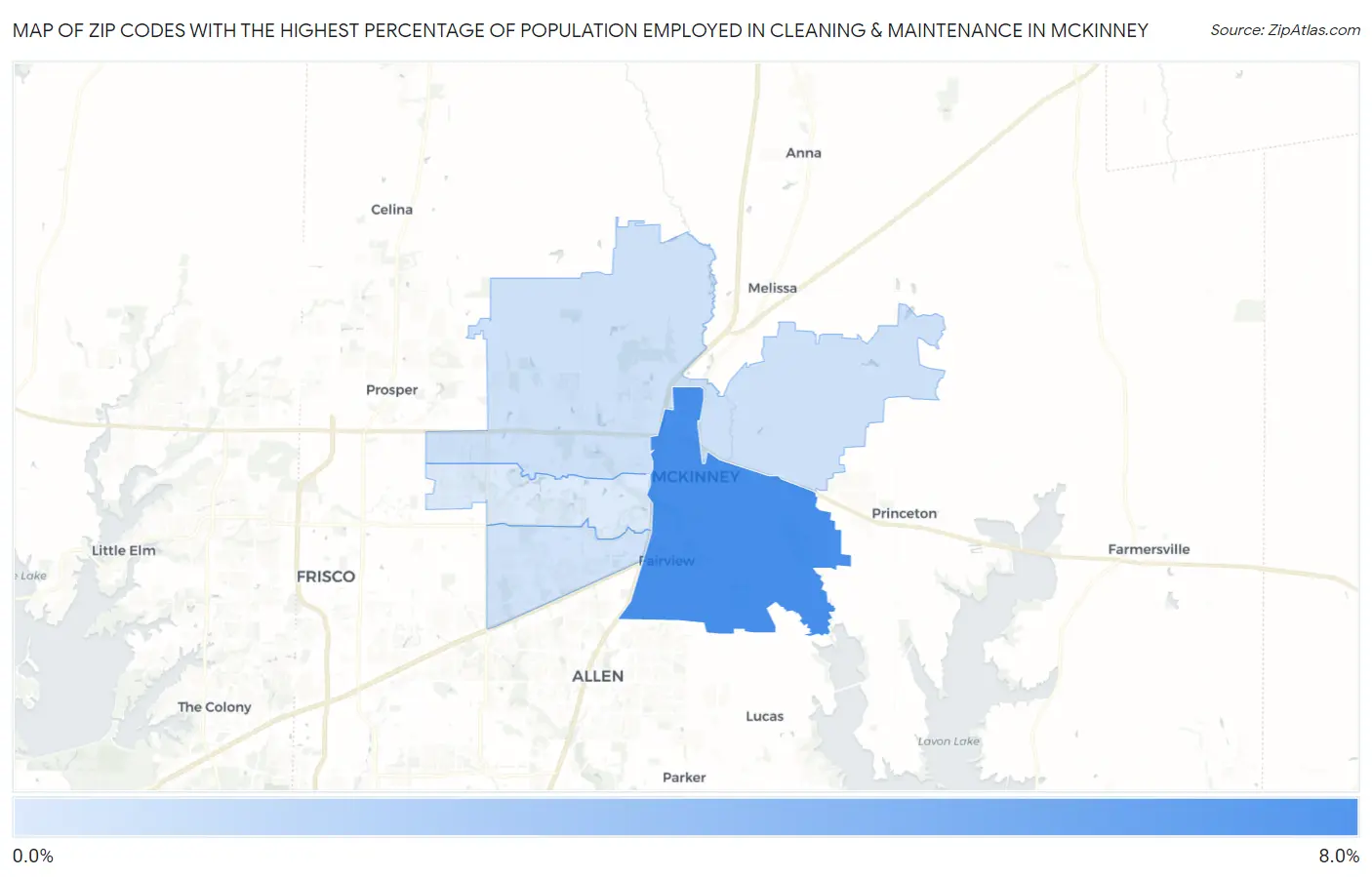 Zip Codes with the Highest Percentage of Population Employed in Cleaning & Maintenance in Mckinney Map