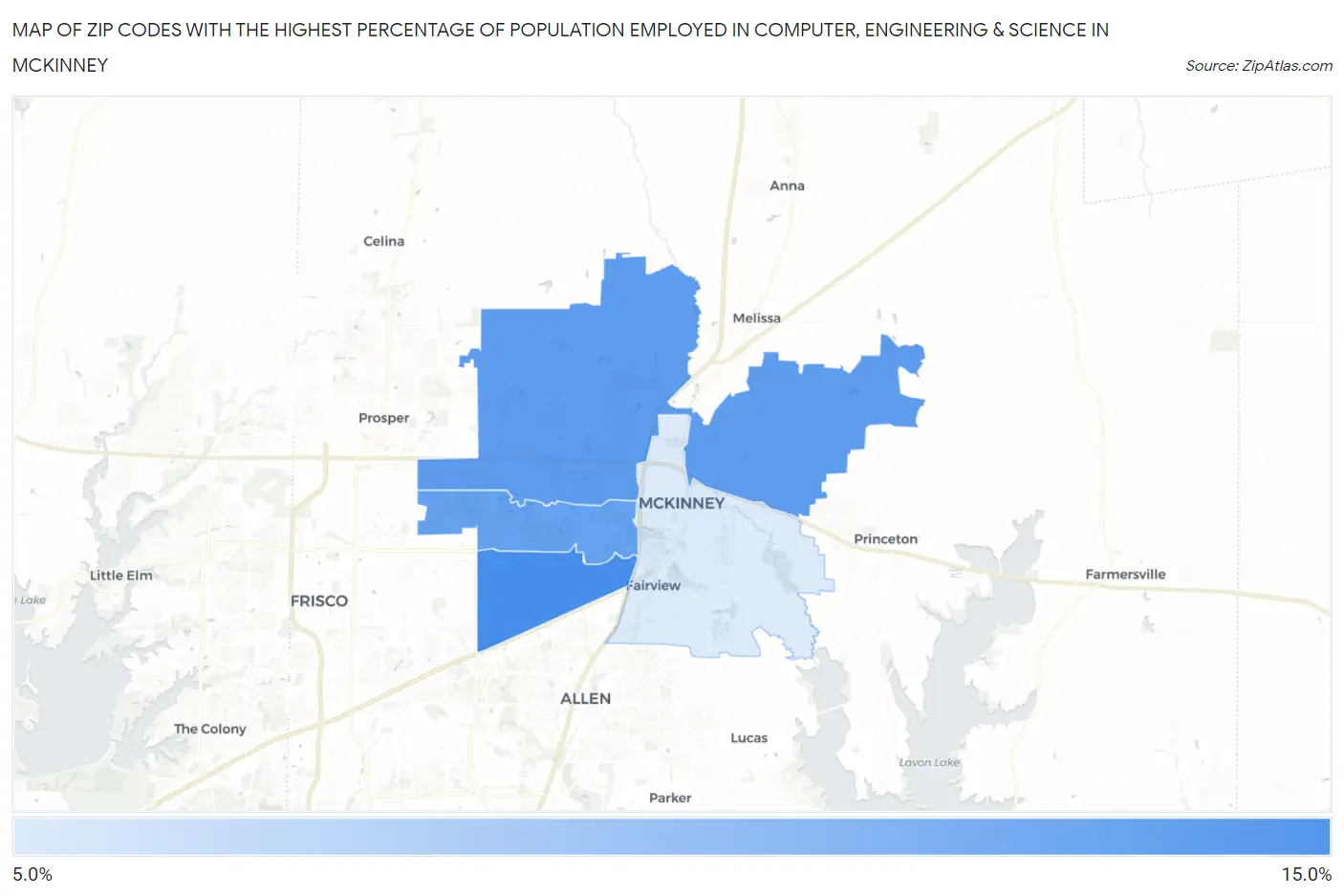 Zip Codes with the Highest Percentage of Population Employed in Computer, Engineering & Science in Mckinney Map