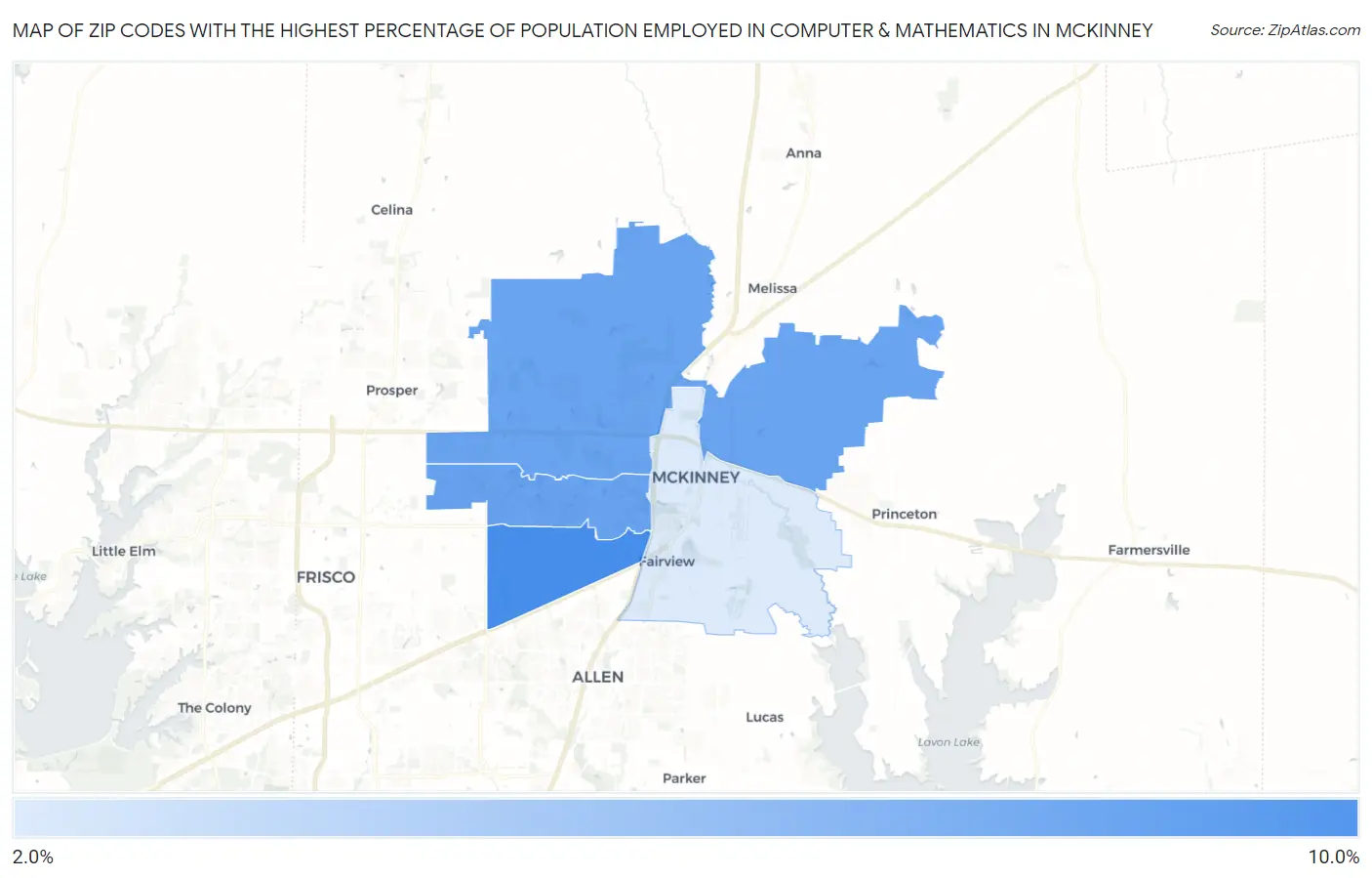 Zip Codes with the Highest Percentage of Population Employed in Computer & Mathematics in Mckinney Map