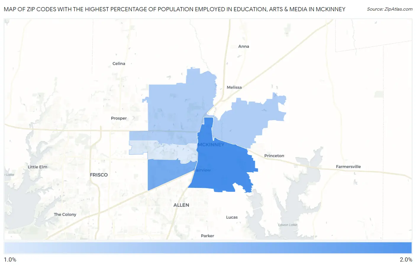 Zip Codes with the Highest Percentage of Population Employed in Education, Arts & Media in Mckinney Map