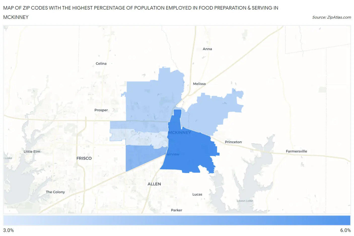 Zip Codes with the Highest Percentage of Population Employed in Food Preparation & Serving in Mckinney Map