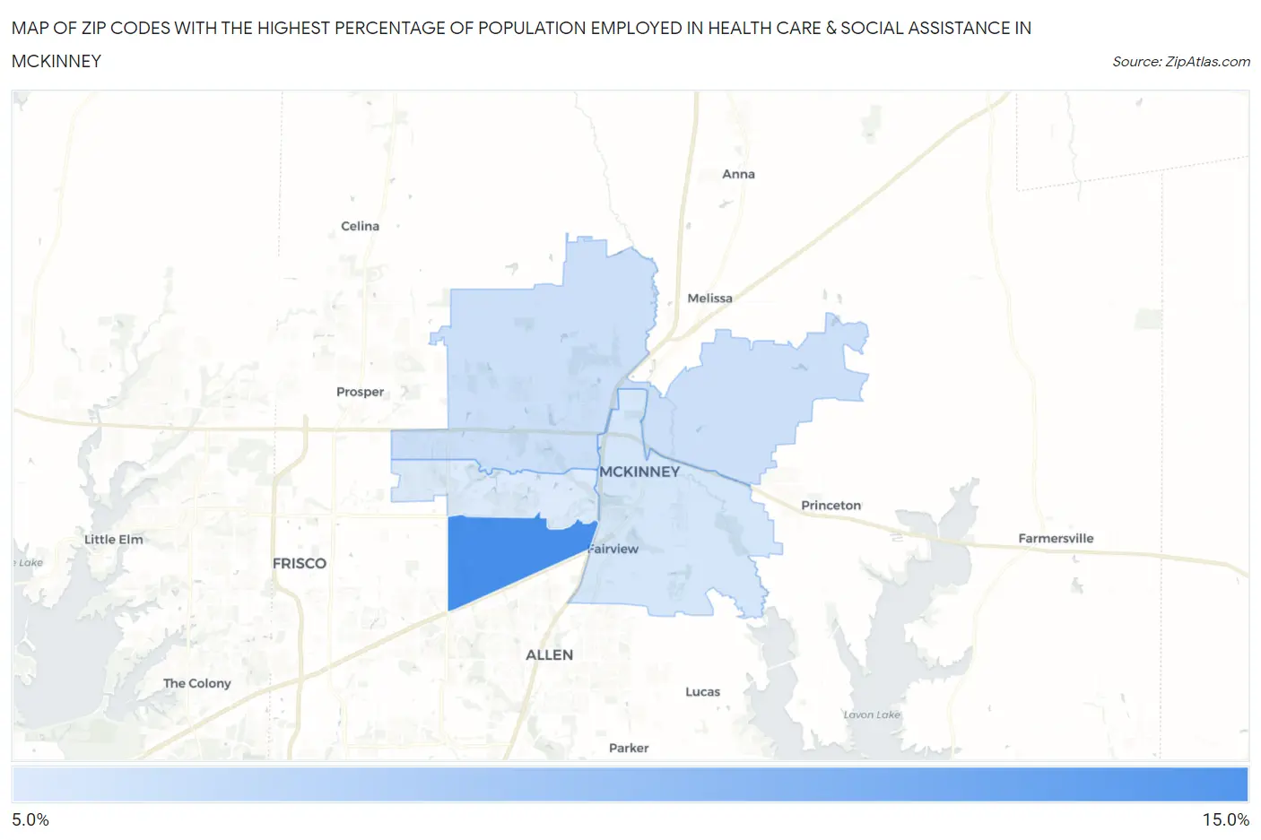 Zip Codes with the Highest Percentage of Population Employed in Health Care & Social Assistance in Mckinney Map