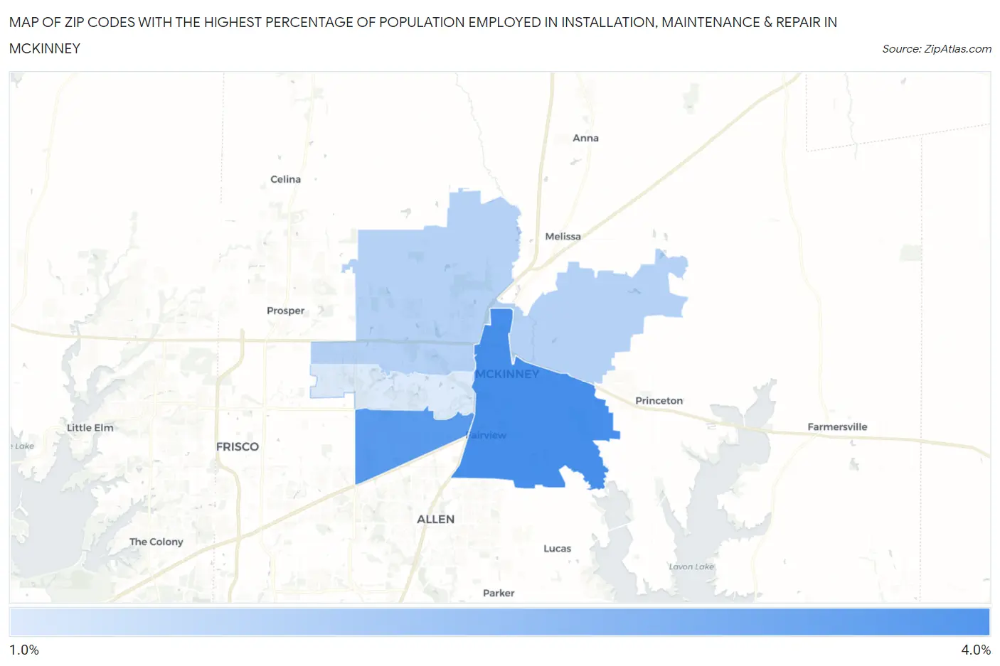 Zip Codes with the Highest Percentage of Population Employed in Installation, Maintenance & Repair in Mckinney Map
