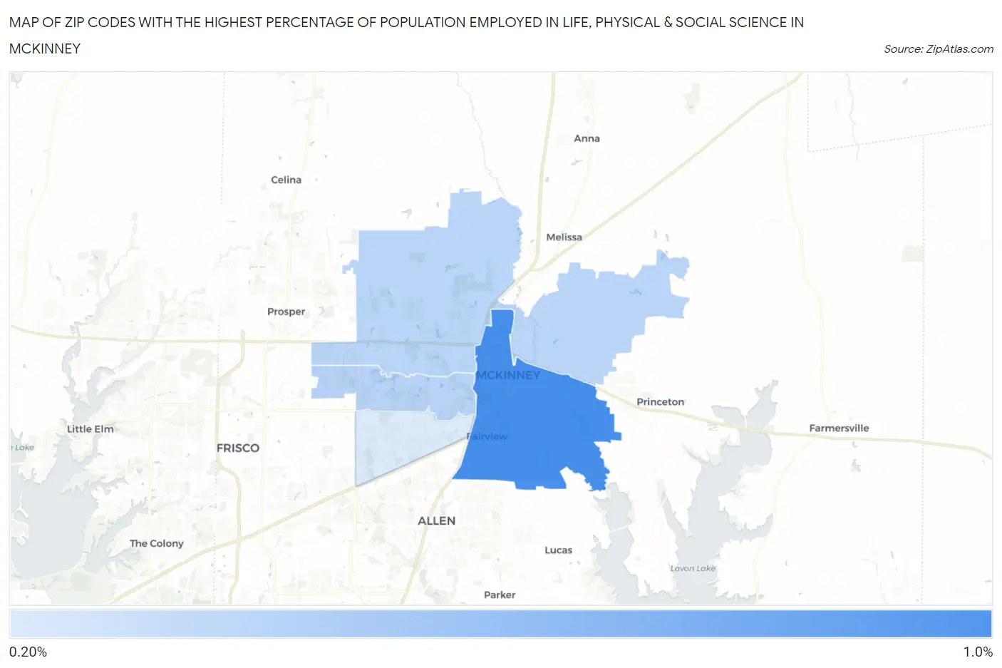 Zip Codes with the Highest Percentage of Population Employed in Life, Physical & Social Science in Mckinney Map
