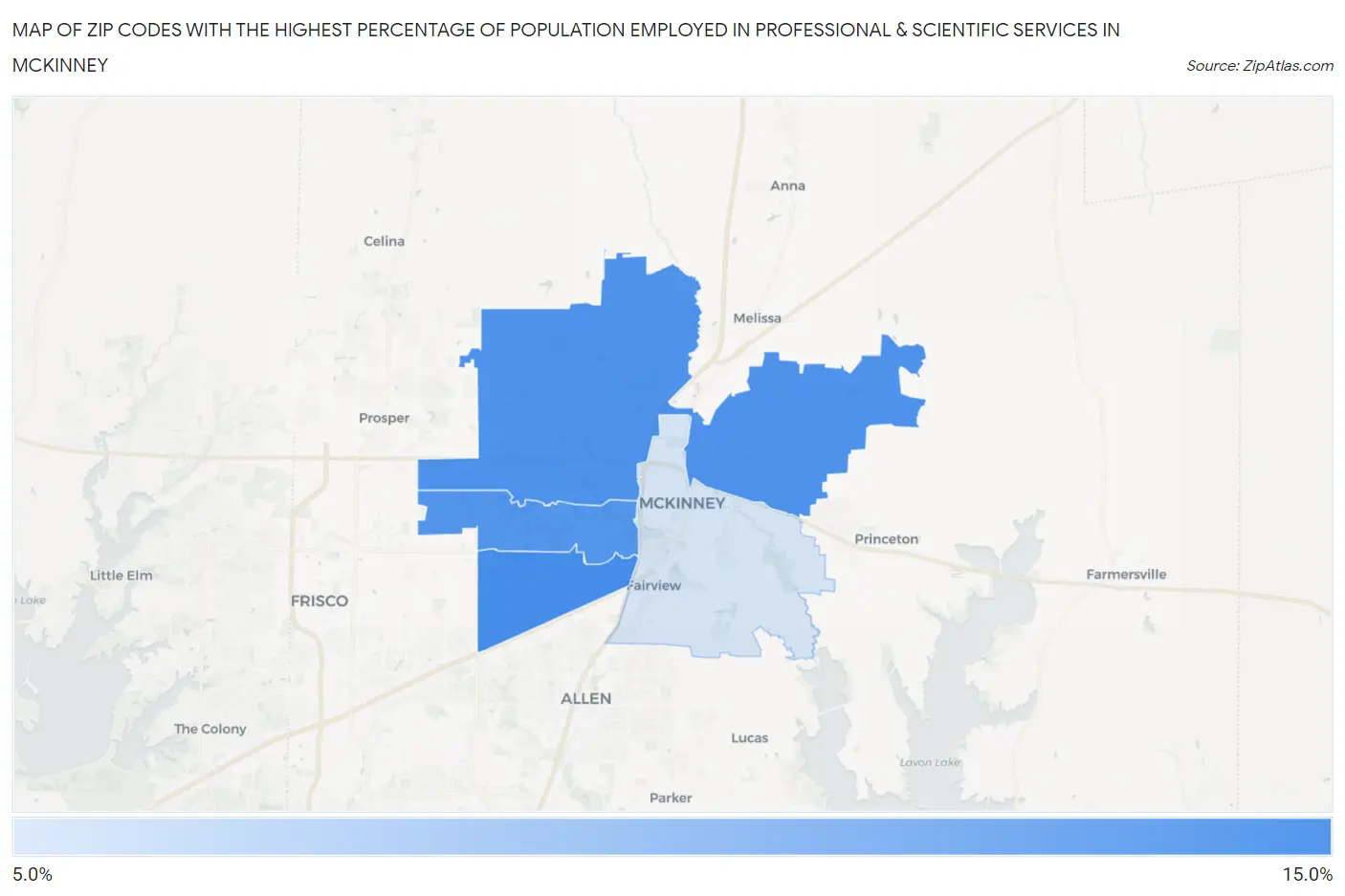Zip Codes with the Highest Percentage of Population Employed in Professional & Scientific Services in Mckinney Map