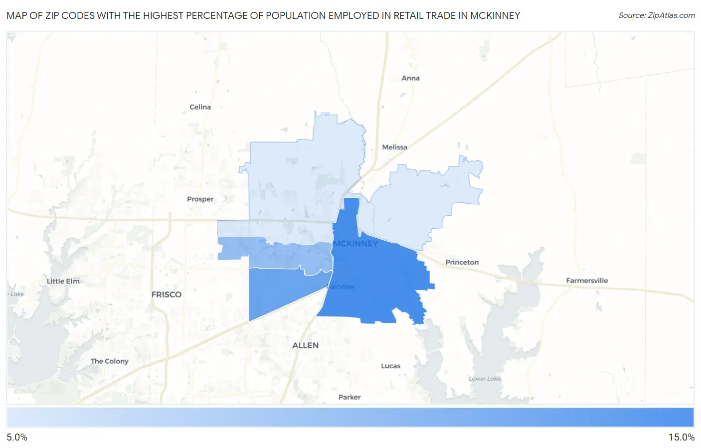 Zip Codes with the Highest Percentage of Population Employed in Retail Trade in Mckinney Map